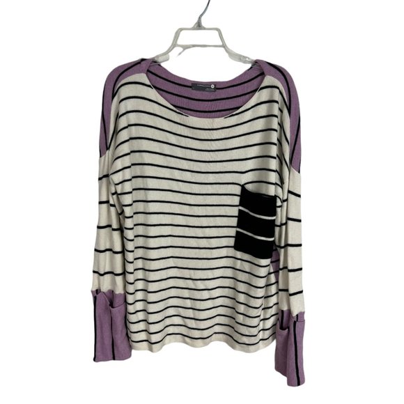 Anthropologie Faye Striped Sweater Purple White SZ L slouchy Alpaca Wool Cotton - Picture 2 of 6